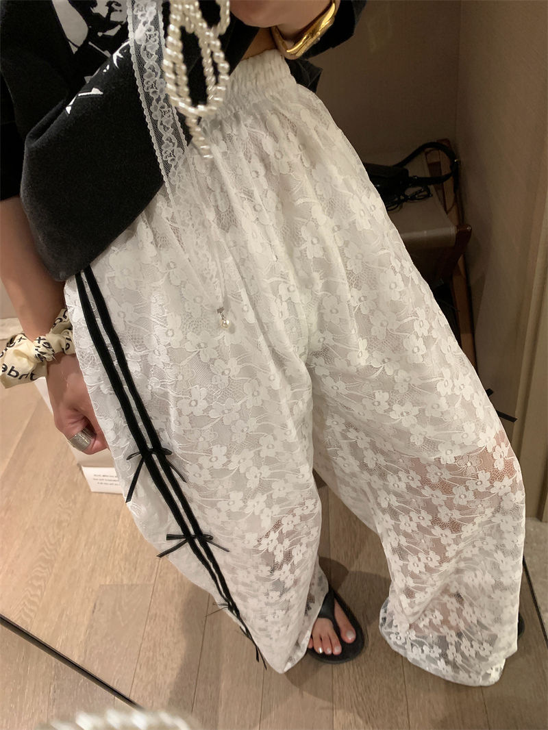 2026 Summer Design Contrast-color Lace Hollow-out Patchwork Bowknot Lightweight Elastic Waist Loose Wide-leg Trousers Casual Trousers for Women
