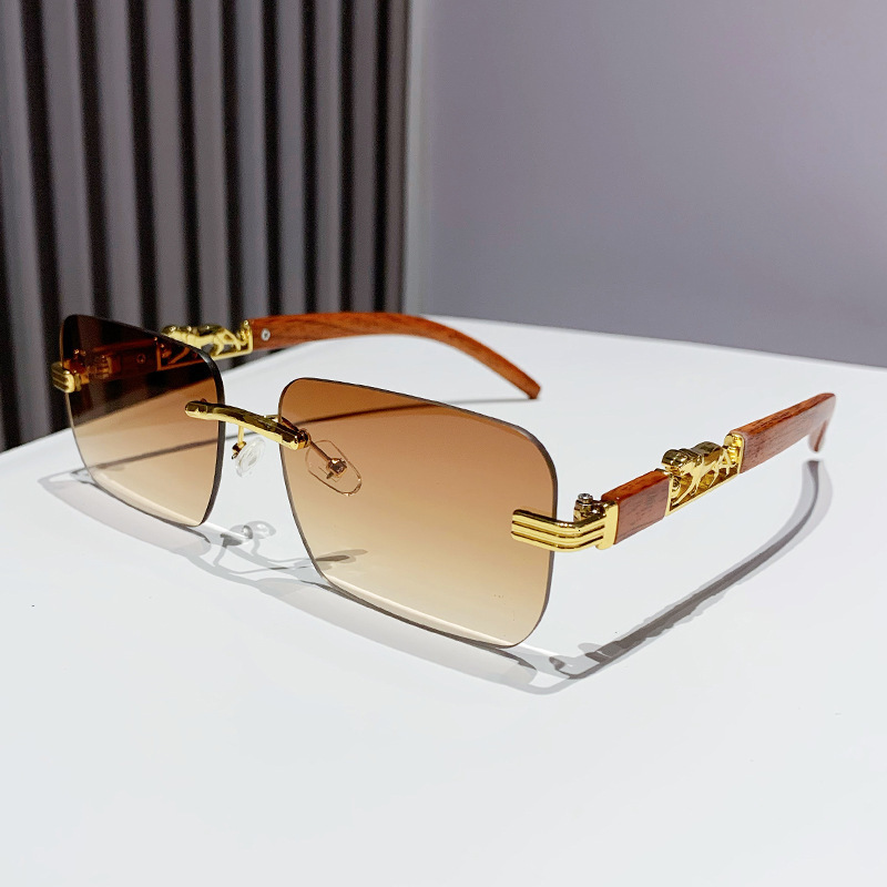 Wood Grain Leopard Head Designer Sunglasses Luxurious Women's Square Frameless Cut Frame Sunglasses Trendy Men's Outdoor Sports Cycling Glas
