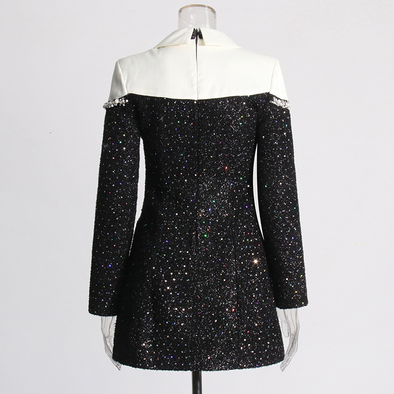 Summer New Korean Style Elegant Tweed Designer Dress Fashion Socialite Spliced Beaded Diamond Inlaid Short Dress Women High End Temperament Slim Fit C