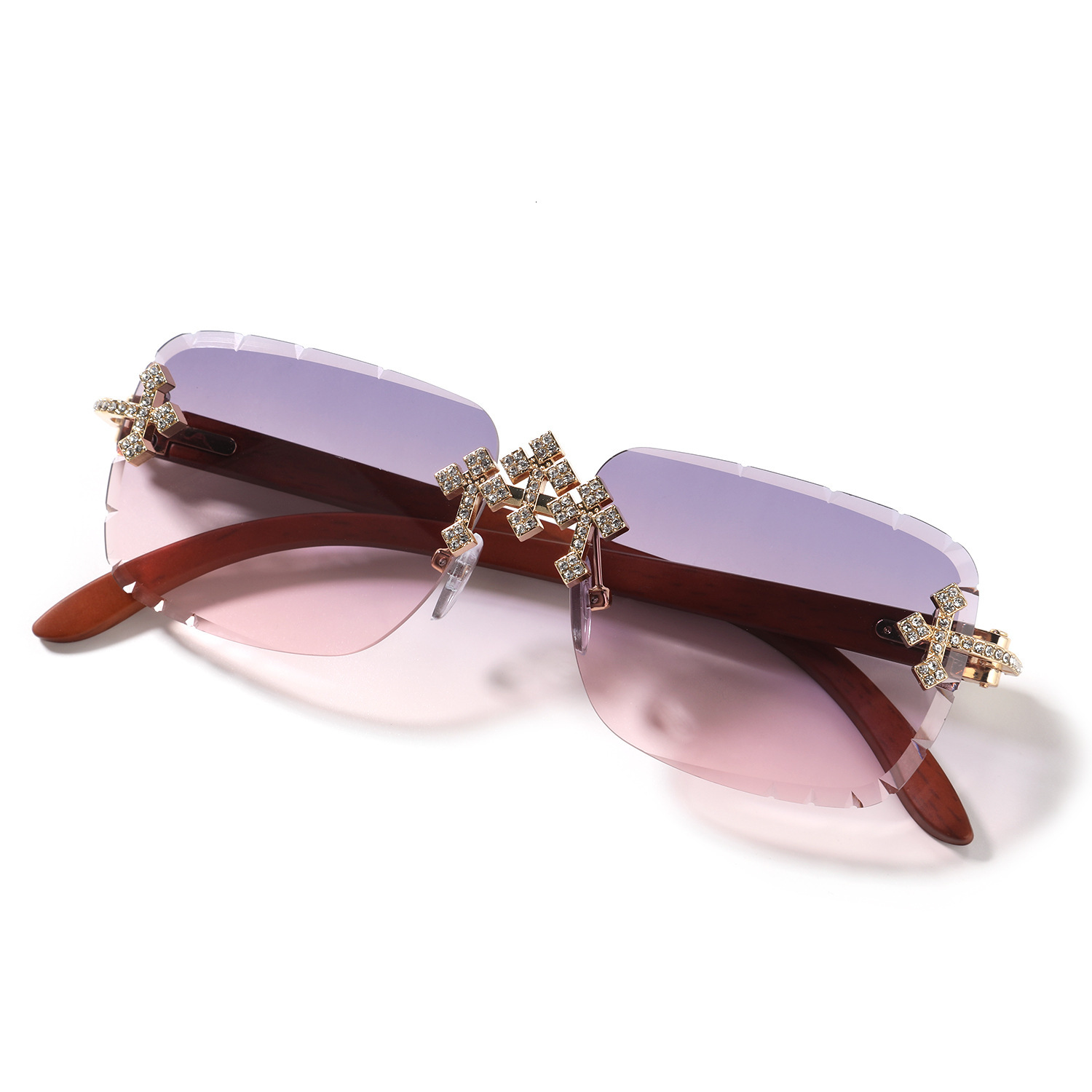 New Hip-hop Fashion Rimless Cut-edge Designer Sunglasses Diamond Inlaid Lens Imitation Wood Grain Temple Outdoor Street Shooting Trendy UV Protection 