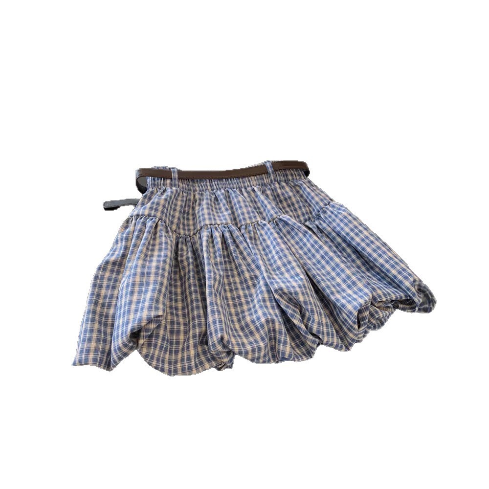 New Blue Plaid Bud Shade Meat A Line Designer Skirt Plus Size Fat MM Slim Casual Age Reducing Puff Half Mini Skirt Elegant Temperament High Waist Casu