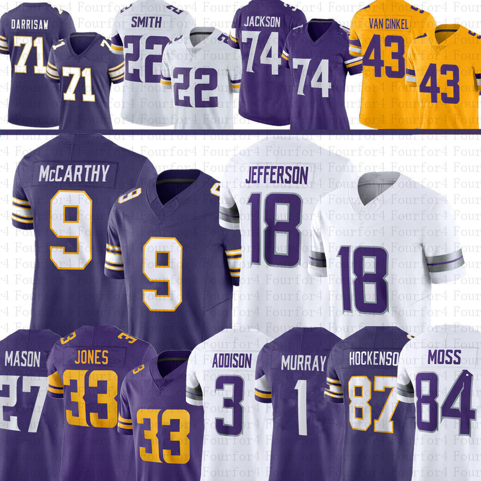 Kyler Murray Justin Jefferson Football Jersey Mason Addison Aaron Jones TJ Hockenson Harrison Smith J.J. McCarthy Randy Moss Ivan Pace Jr Andrew Van Ginkel Caleb Banks