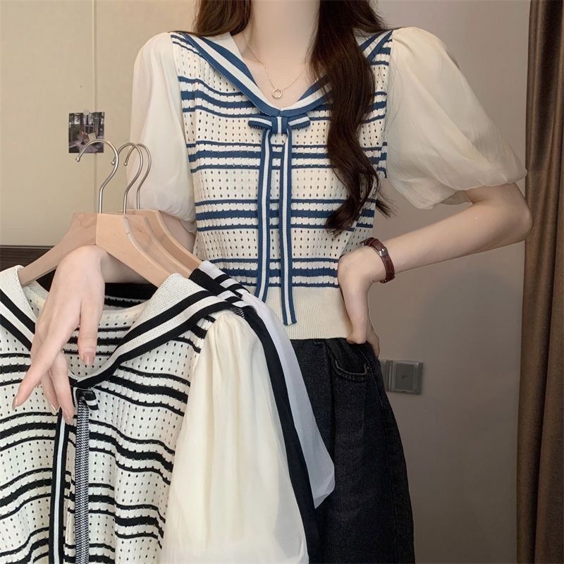New Korean Preppy Style Navy Collar Puff Short Sleeve Slim Striped Knitted Designer Top Elegant Temperament Casual Daily Streetwear Fashion Blouse For