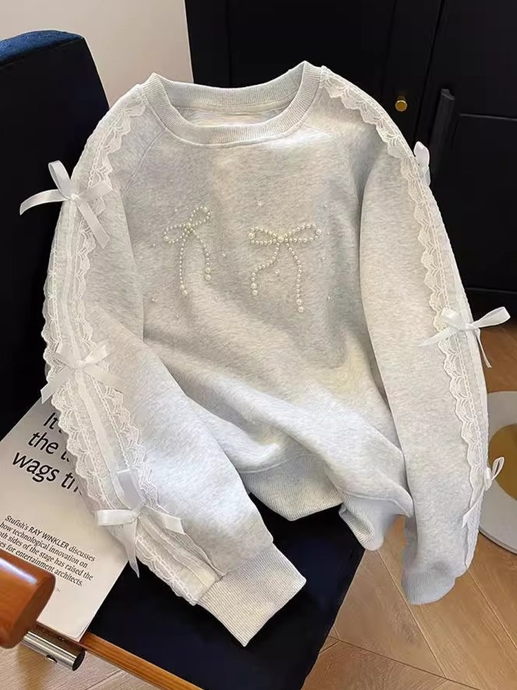 2026 new Sweet Style Lace Beaded Bow - detailed Pullover Fleece - lined Sweatshirt for Women Korean - style Design Top for Autumn and Winter