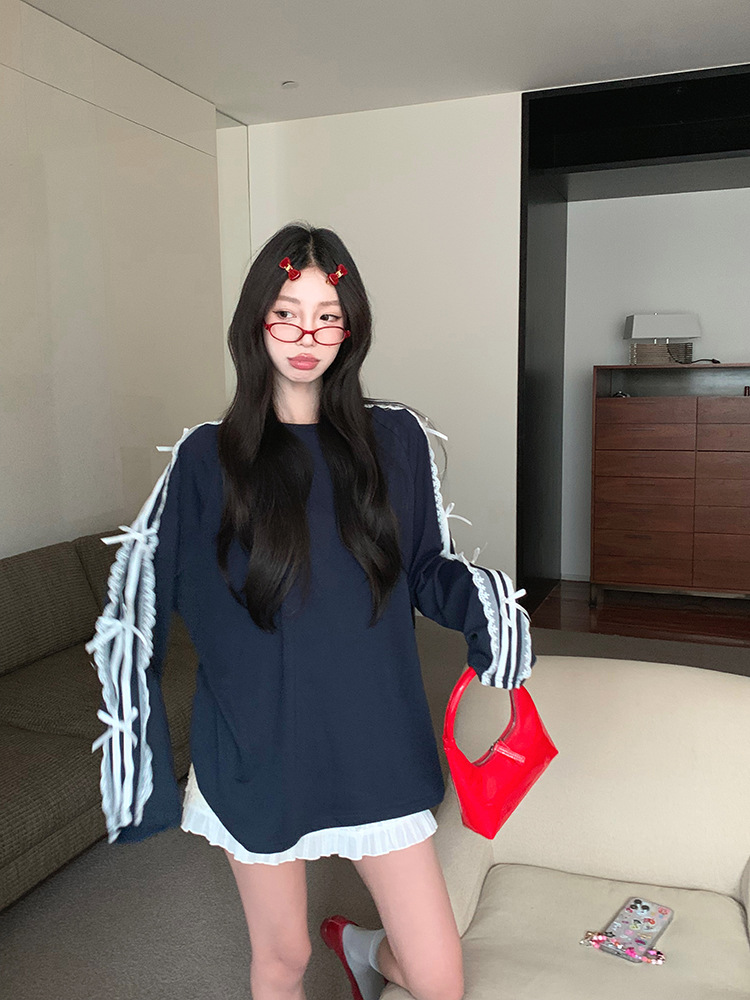 2026 new Women's Summer Korean-style Casual Loose Mid-length Long-sleeved T-shirt with Lace Trim Stripes and Bowknot a Stylish Top