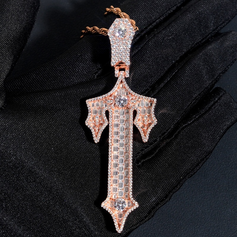 Passed Tester GRA Moissanite Necklace S925 Silver Gold Plated VVS T Moissanite Cross Pendant Necklace for Men Women with 3mm 24inch Rope Chain