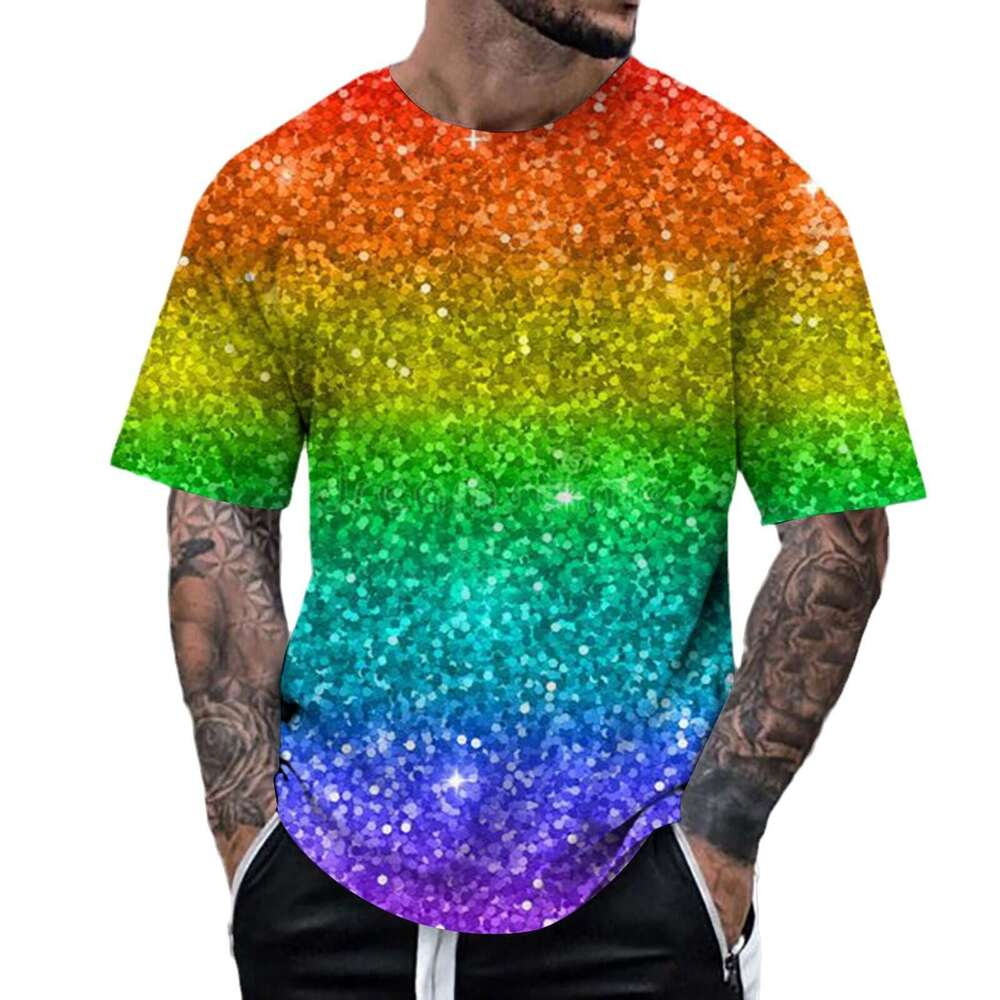Designer 2026 , Wish, New Men's Casual Printed Rainbow Color Patchwork Luxury T-shirt Short Sleeve Street Fashion Clothing Free Shipping