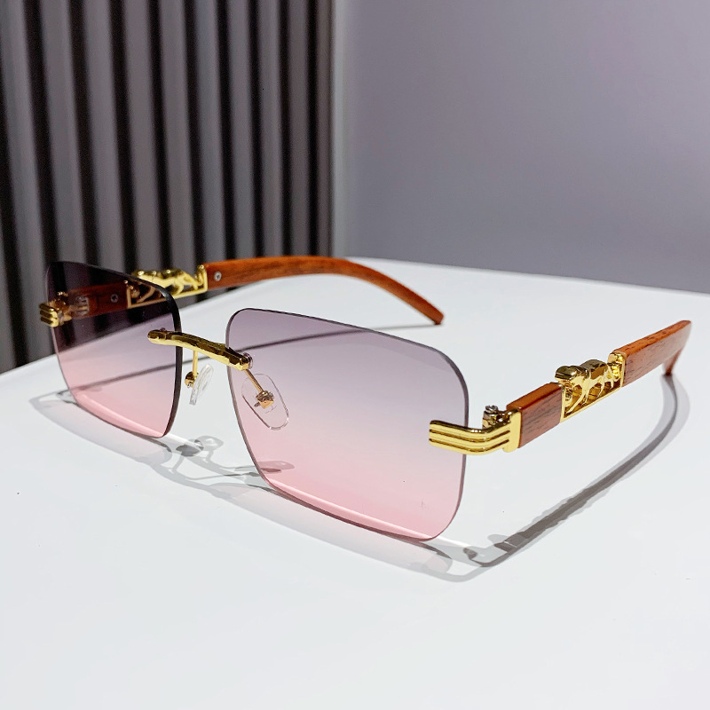 Wood Grain Leopard Head Designer Sunglasses Luxurious Women's Square Frameless Cut Frame Sunglasses Trendy Men's Outdoor Sports Cycling Glas