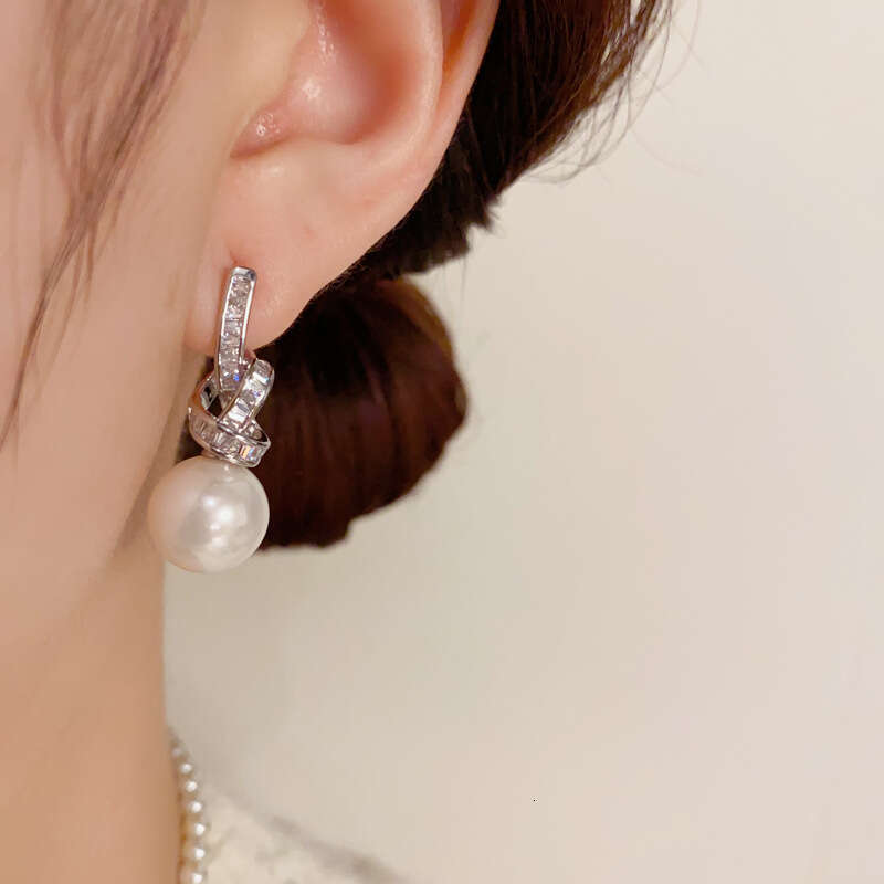 yoyo jewelry Korean-style personalized light luxury micro-inlaid zircon knotted pearl earrings exquisite fashionable versatile ultra-shiny slimming ea - view 4