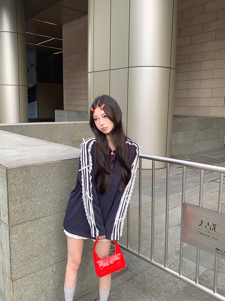 2026 Women's Summer Korean-style Casual Loose Mid-length Long-sleeved T-shirt with Lace Trim Stripes and Bowknot a Stylish Top