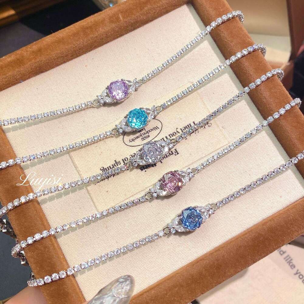 Octagonal Millennium Cut Sea Blue Sparkling Butterfly Fashion Light Luxury Rose Flower Full Inlaid with Diamonds Bracelet Jewelry