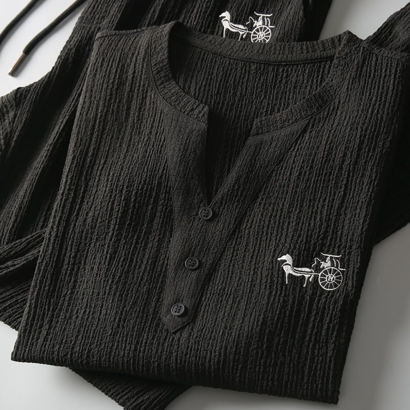 Designer Luxury High Quality Ultra-thin Short-sleeved Ice Silk Linen Suit Men's Summer Plus Size Loose Medium-sleeved T-shirt Cotton Linen Two-pi