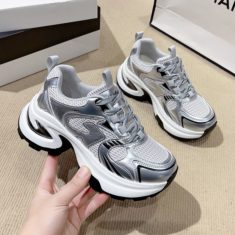free shipping Women's 2026 Spring Breathable Mesh Platform Dad Sneakers, Silver Color Trendy Height Increase Casual Sports Shoes