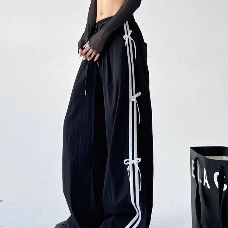 2026 new Trendy Versatile Quick-Drying Wide-Leg Pants Korean Style Black Strappy Bowknot Loose Slimming Elastic Waist Casual Trousers