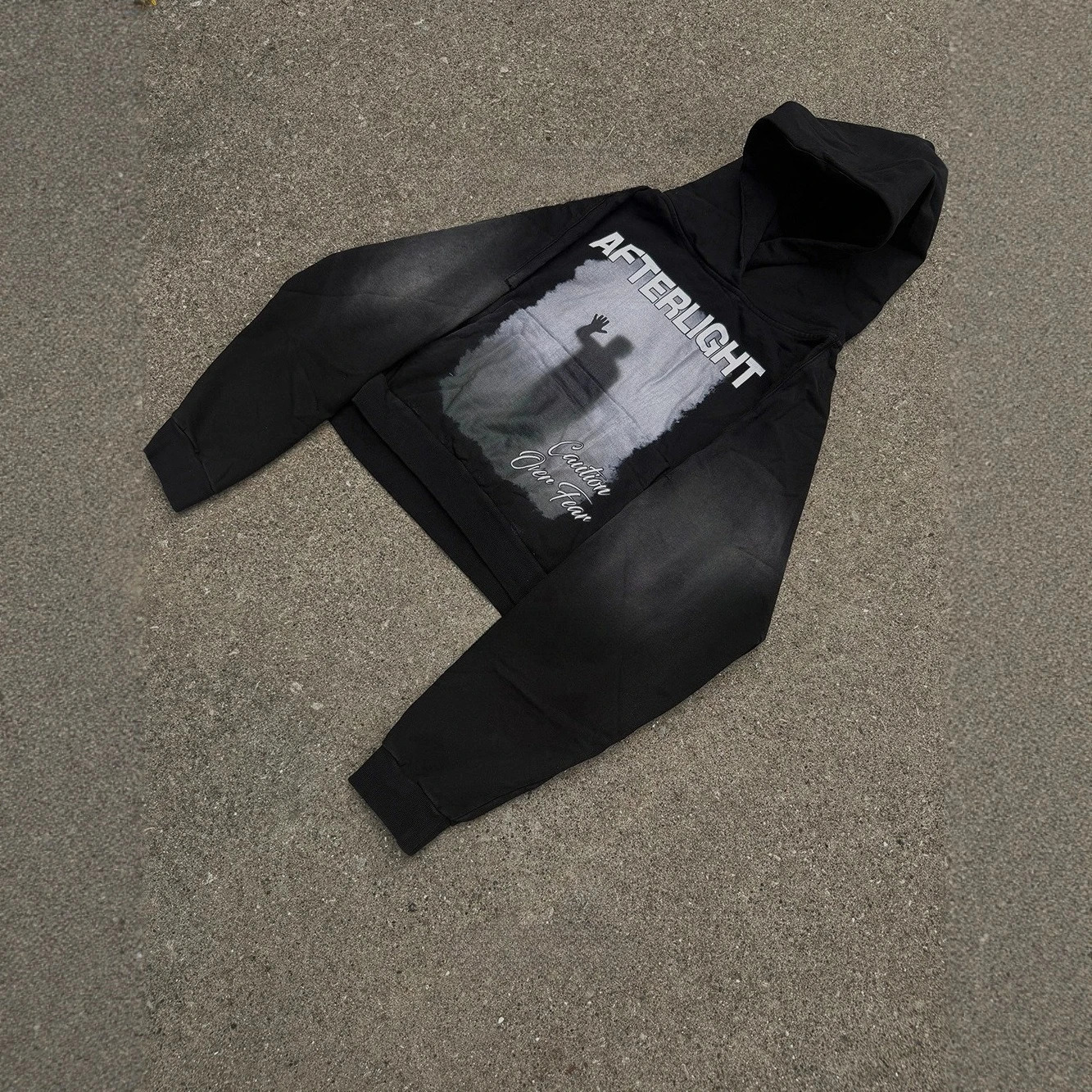 Ins-Style Men's Black Acetate Pullover Hoodie, Long-Sleeved Vintage Graphic Sweatshirt - Afterlight Silhouette Print - view 5