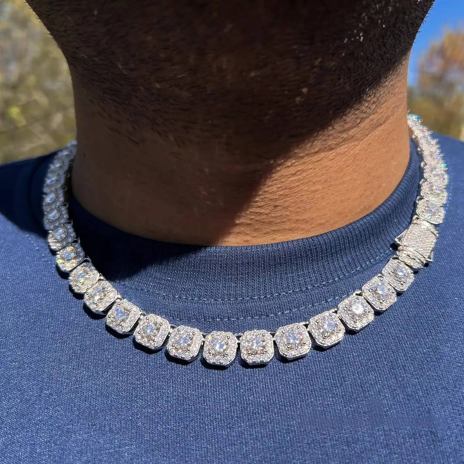 Street Luxury 10mm VVS Iced Hip Hop Cluster Necklace 925 Sterling Silver Dazzling Moissanite Tennis Chain - view 3