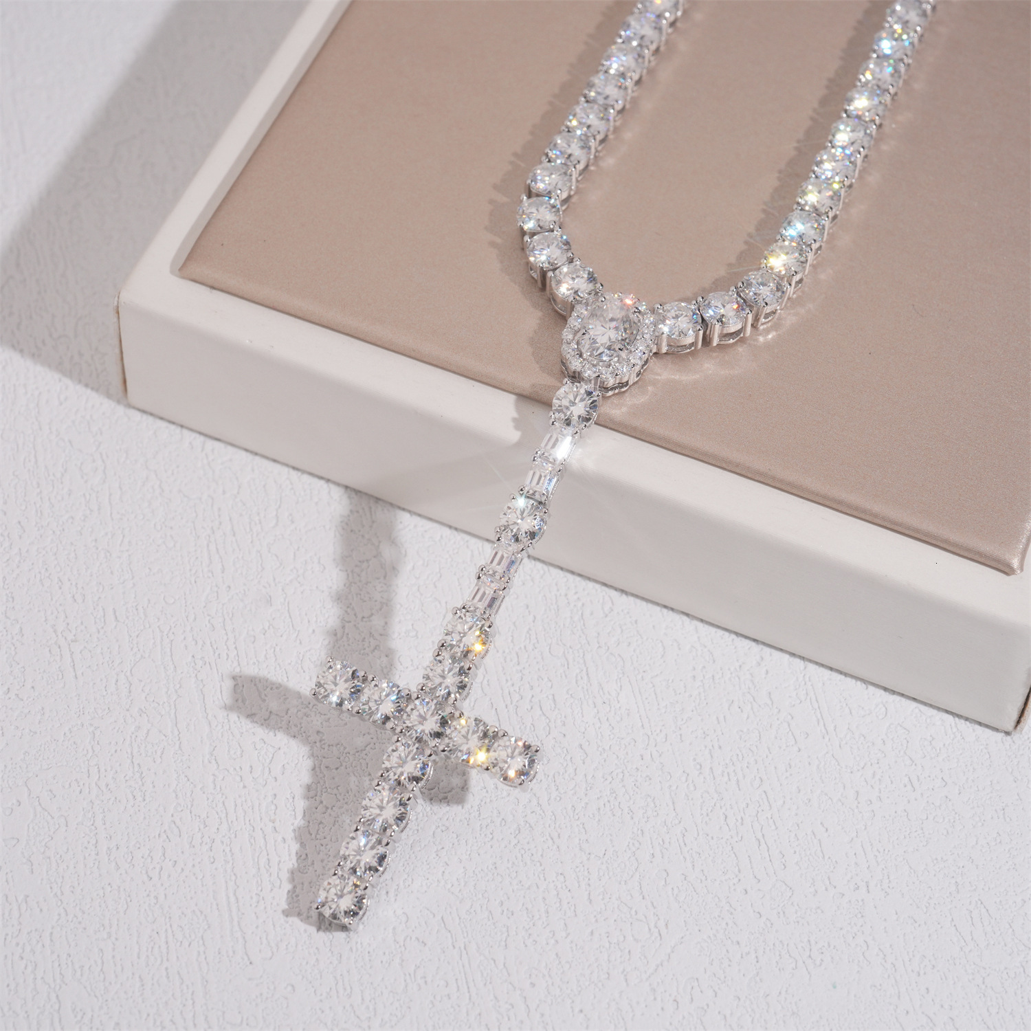 Hip Hop Fashion Trendy D VVS Moissanite Diamond 4MM Rosary Cross Necklace 925 Silver Tennis Chain - view 7
