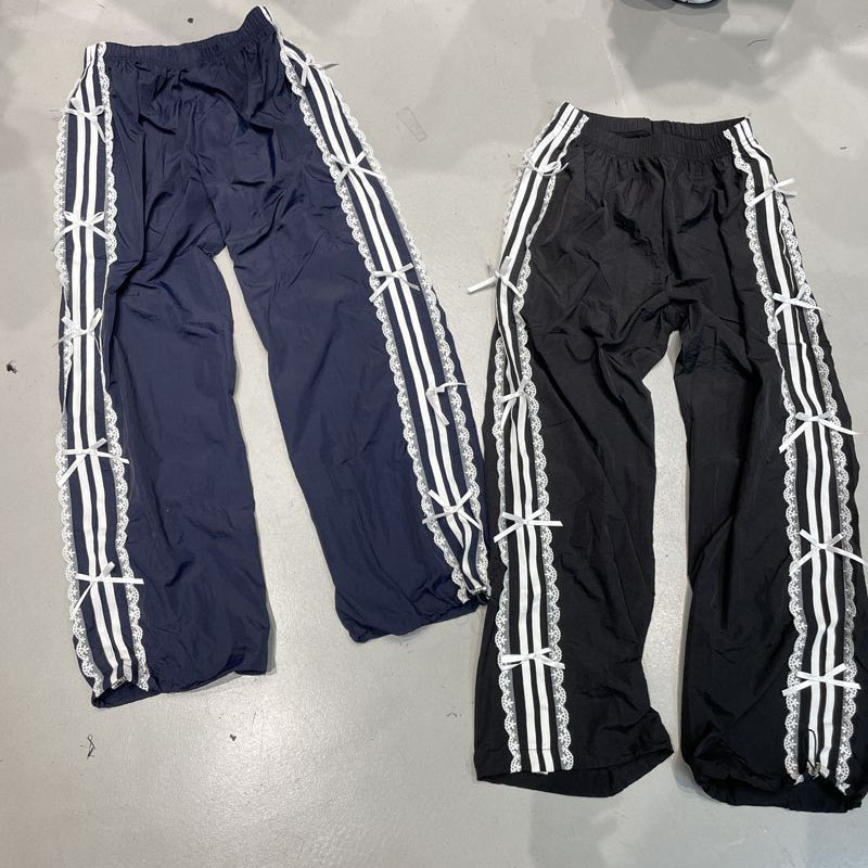 2026 Summer Elastic Waist Lace Trim White Striped Butterfly Cuffed Sweatpants and Joggers