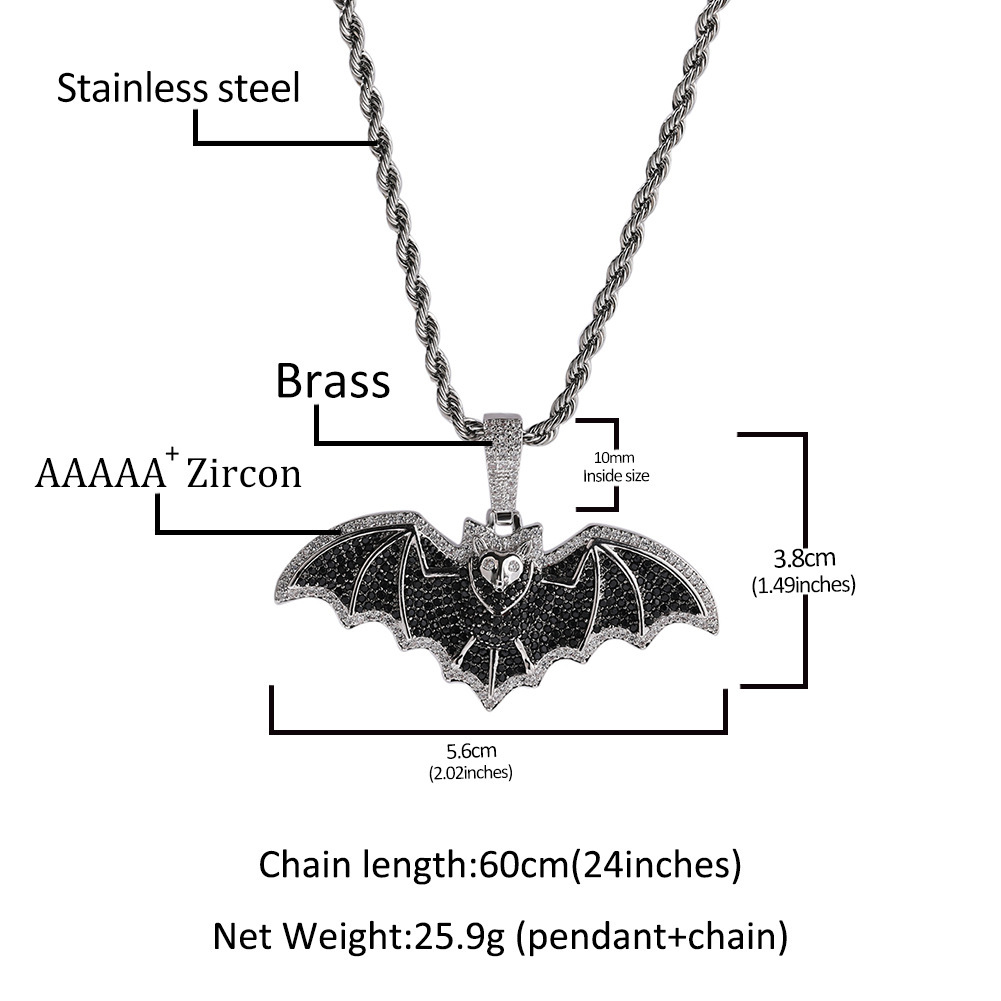 Designer Jewelry Creative New Dark Gothic Style Full Diamond Bat Pendant Personality Fashion Men Hip Hop Rap Necklace Trend Luxury brand accessories