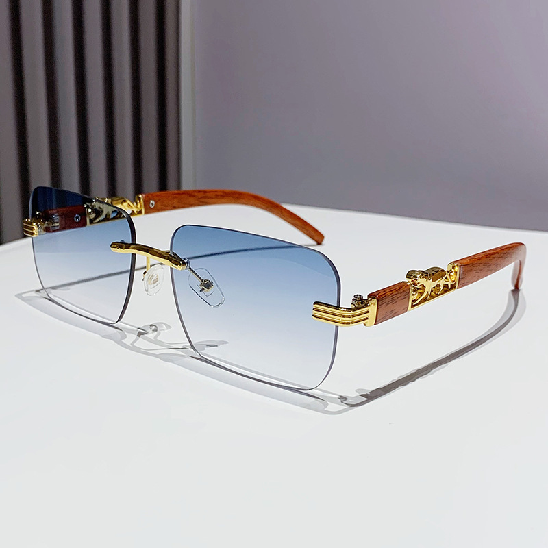 Wood Grain Leopard Head Designer Sunglasses Luxurious Women's Square Frameless Cut Frame Sunglasses Trendy Men's Outdoor Sports Cycling Glas