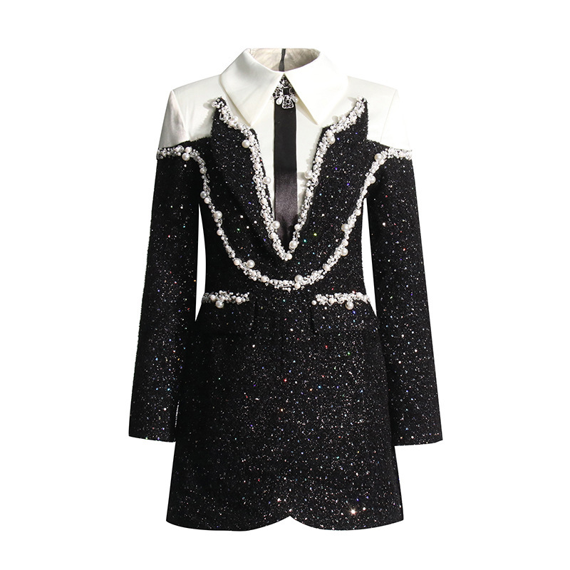 Summer New Korean Style Elegant Tweed Designer Dress Fashion Socialite Spliced Beaded Diamond Inlaid Short Dress Women High End Temperament Slim Fit C