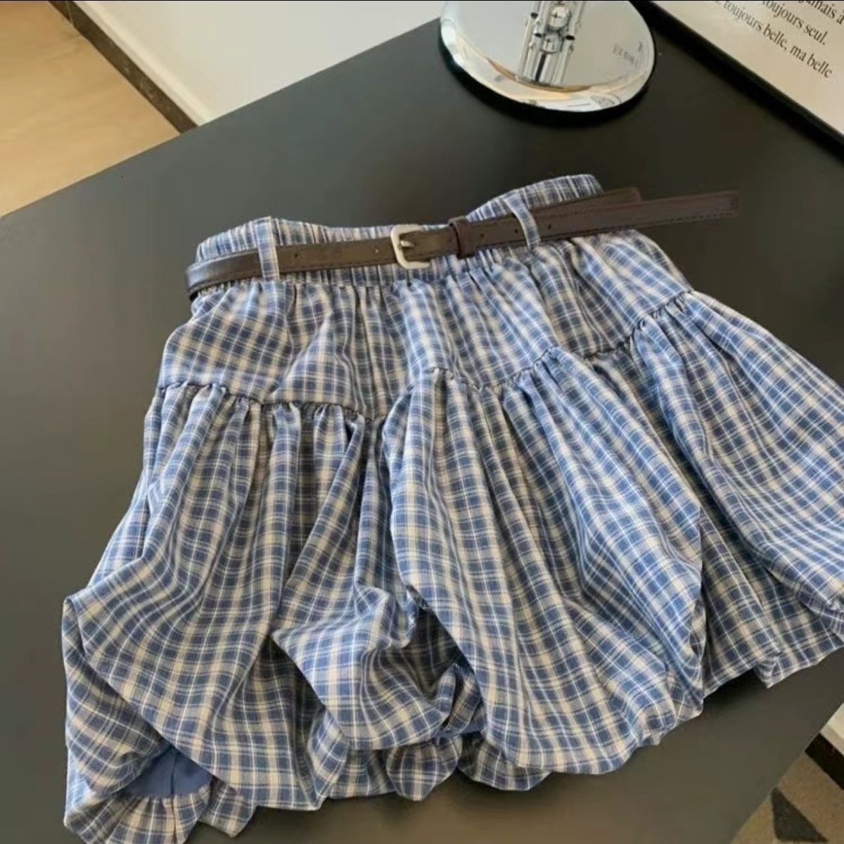 New Blue Plaid Bud Designer Skirt Petite Figure Slim Hide Meat A Line Mini Skirt Elegant Temperament High Waist Casual Daily Streetwear Trendy Versati