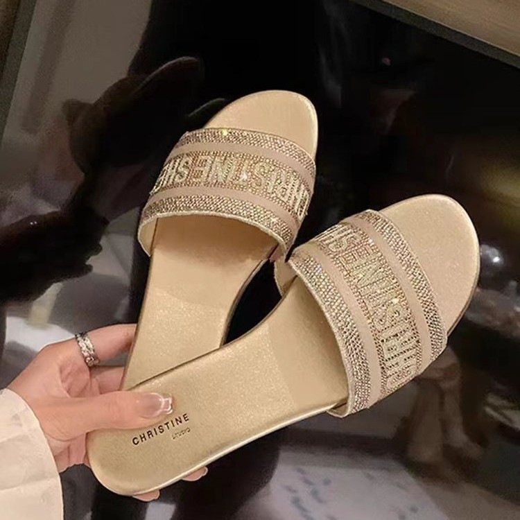 Champagne Gold Rhinestone Embroidered Slides Free shipping 2026 Luxury Daily Essential Size Friendly Summer Beach hot