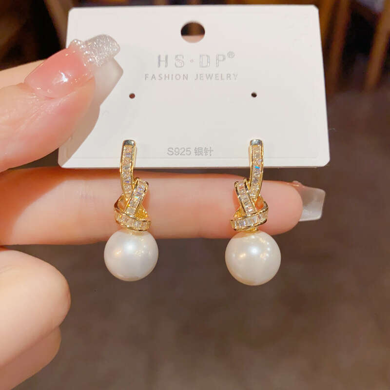 yoyo jewelry Korean-style personalized light luxury micro-inlaid zircon knotted pearl earrings exquisite fashionable versatile ultra-shiny slimming ea - view 5