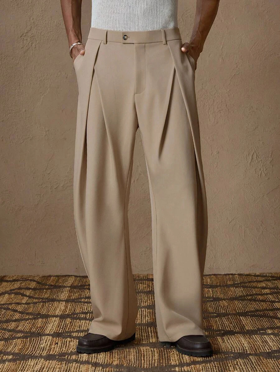 light business elegant Italian style Naples solid color button pleated high waisted pants for mens suit pants 260430