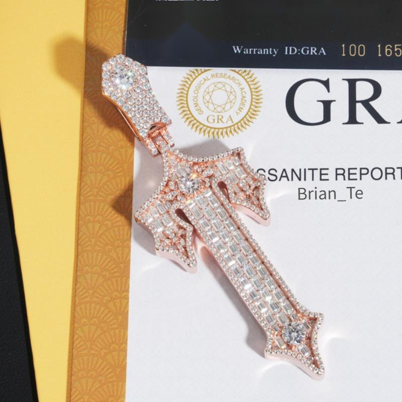 Passed Tester GRA Moissanite Necklace S925 Silver Gold Plated VVS T Moissanite Cross Pendant Necklace for Men Women with 3mm 24inch Rope Chain