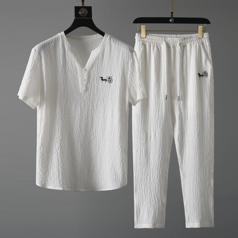 Designer Luxury High Quality Ultra-thin Short-sleeved Ice Silk Linen Suit Men's Summer Plus Size Loose Medium-sleeved T-shirt Cotton Linen Two-pi
