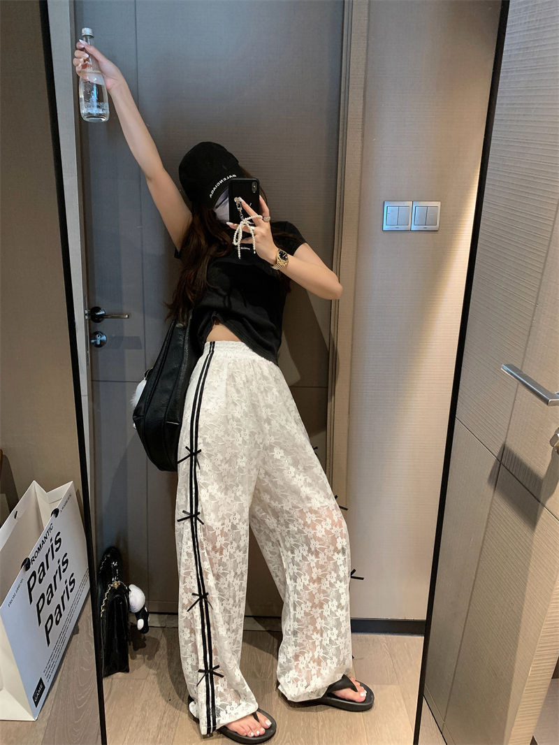 2026 Summer Design Contrast-color Lace Hollow-out Patchwork Bowknot Lightweight Elastic Waist Loose Wide-leg Trousers Casual Trousers for Women