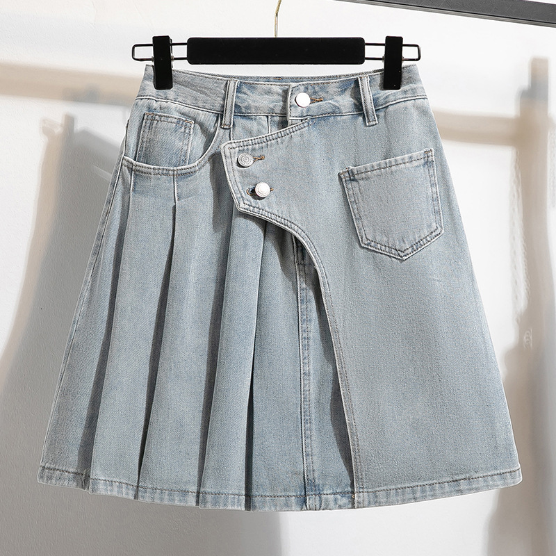 Summer Plus Size Pure Cotton Retro Designer Skirt Fat MM High Waist A Line Pleated Mini Skirt Anti Exposure Denim Half Skirt Elegant Temperament Slim 