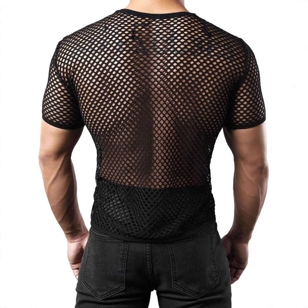 Designer 2026 Summer Luxury European And American Fashion Quick-dry Hollow Men's Round Neck Mesh Short Sleeve T-shirt Breathable Plus Size Fishne