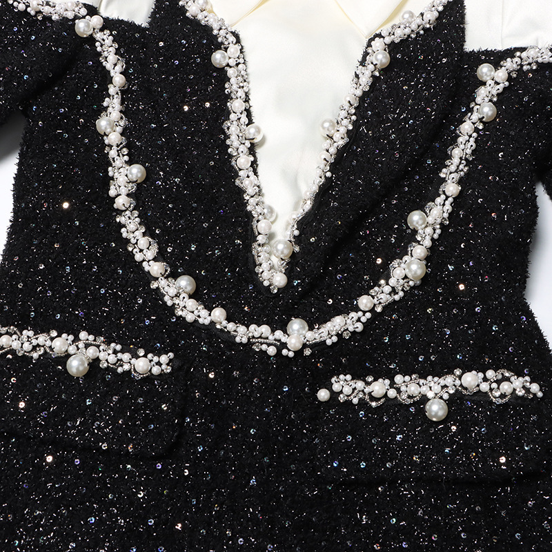 Summer New Korean Style Elegant Tweed Designer Dress Fashion Socialite Spliced Beaded Diamond Inlaid Short Dress Women High End Temperament Slim Fit C