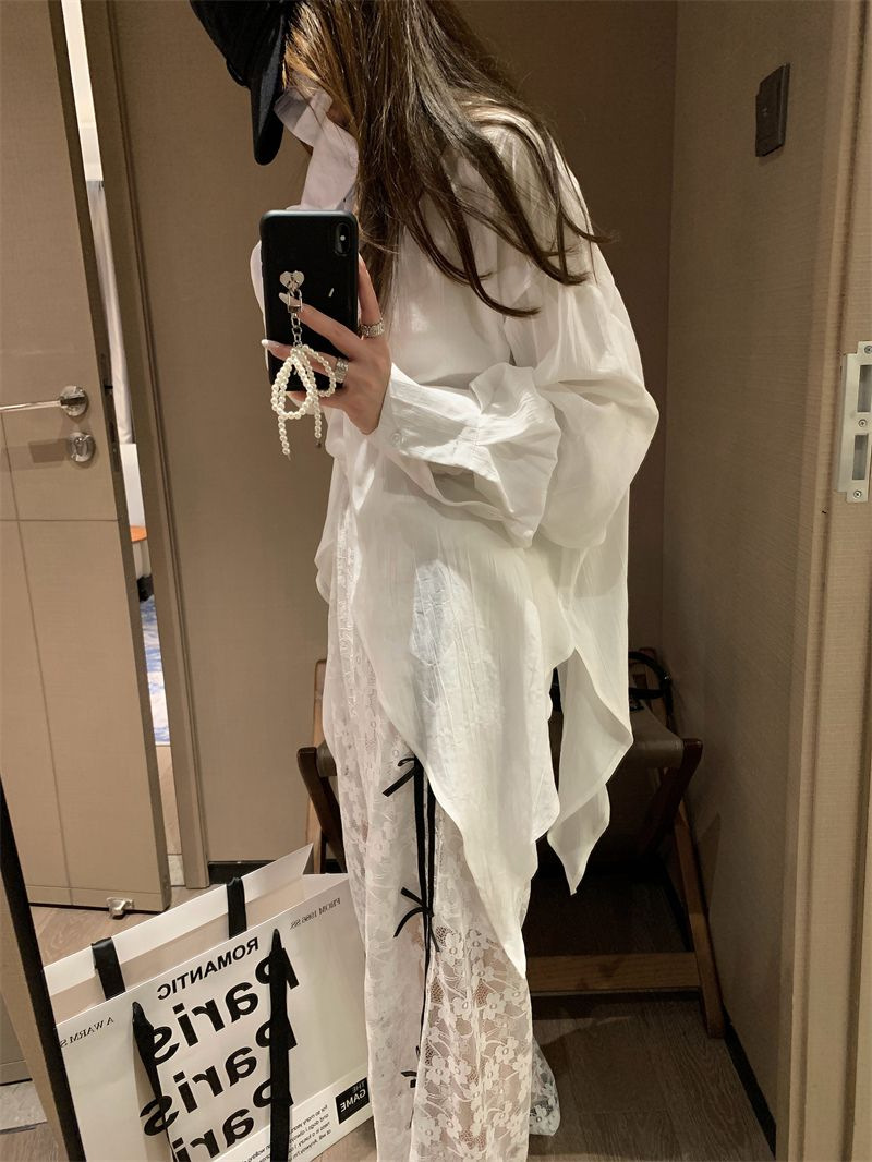 2026 Summer Design Contrast-color Lace Hollow-out Patchwork Bowknot Lightweight Elastic Waist Loose Wide-leg Trousers Casual Trousers for Women