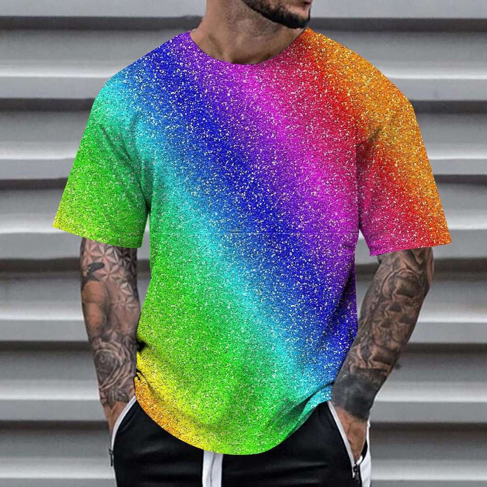 Designer 2026 , Wish, New Men's Casual Printed Rainbow Color Patchwork Luxury T-shirt Short Sleeve Street Fashion Clothing Free Shipping
