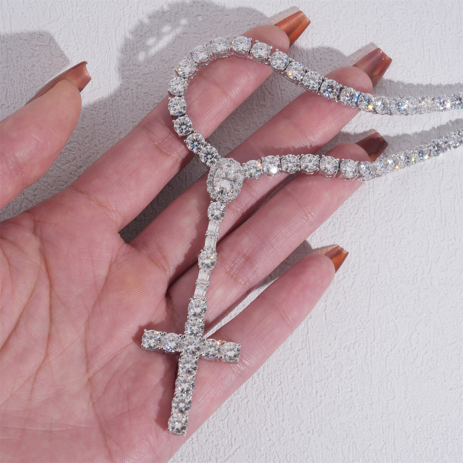 Hip Hop Fashion Trendy D VVS Moissanite Diamond 4MM Rosary Cross Necklace 925 Silver Tennis Chain - view 5
