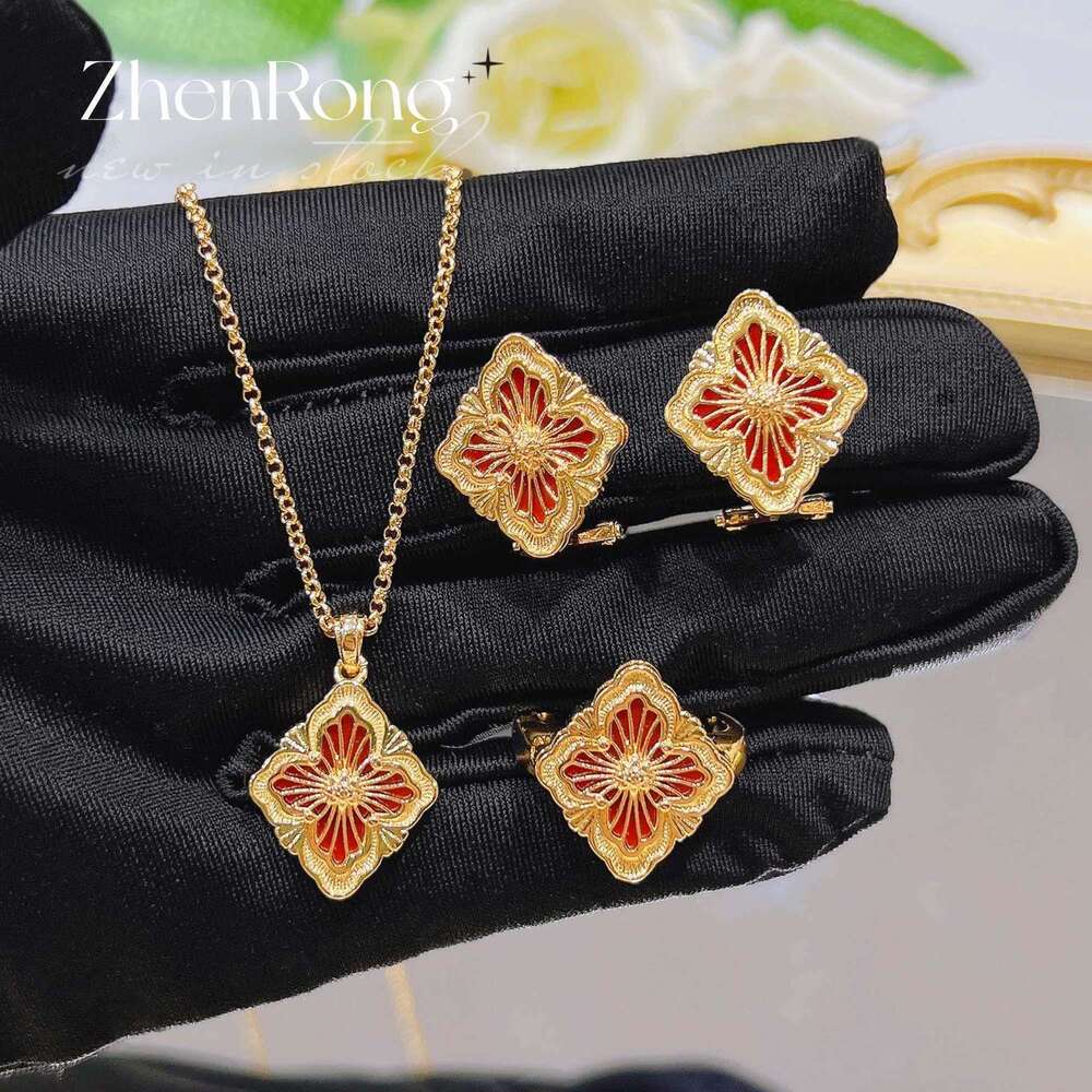 Italian Brushed Craft Retro Palace Style White Mother-of-Pearl Set Four-Leaf Clover Bracelet Red Agate Necklace Ring Earrings