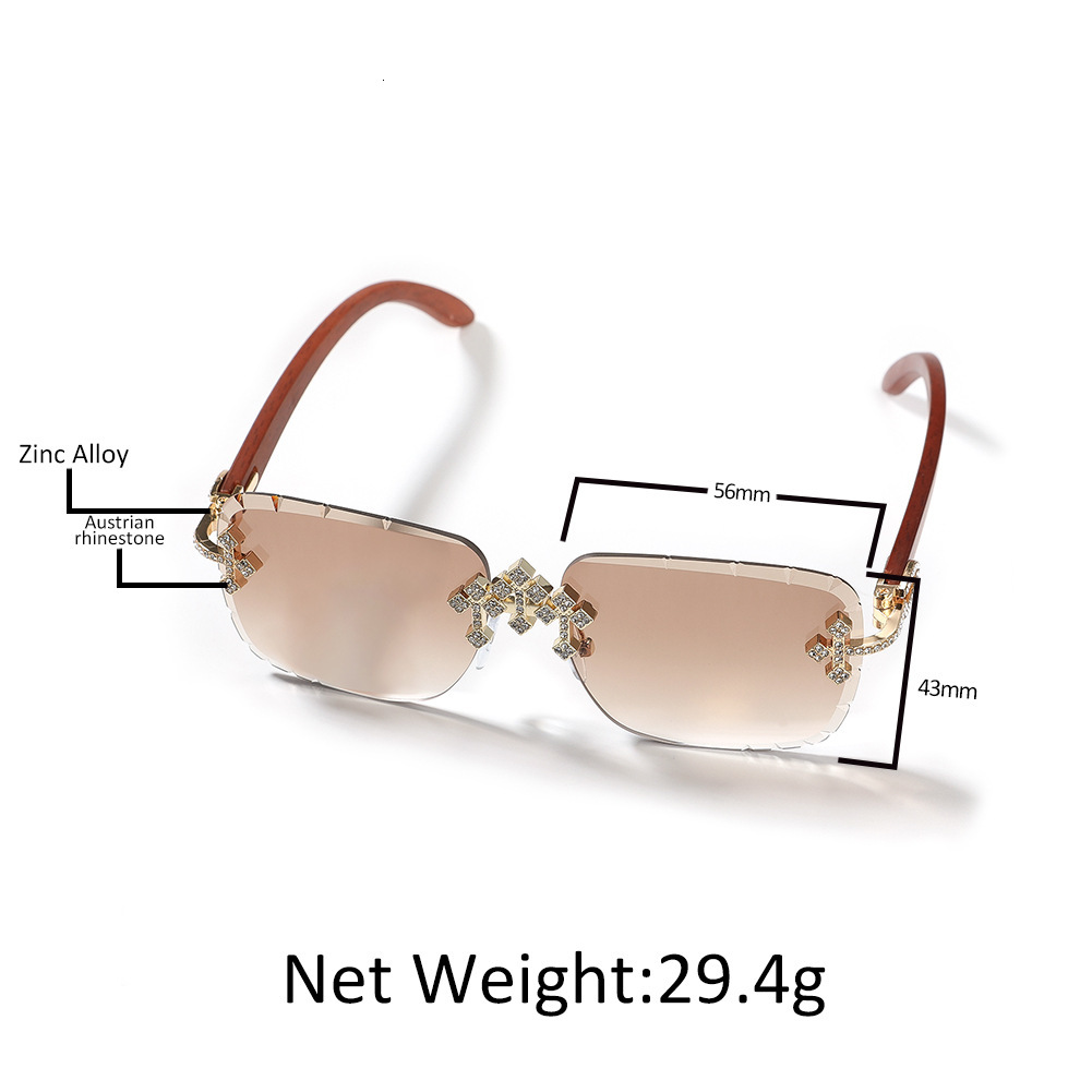 New Hip-hop Fashion Rimless Cut-edge Designer Sunglasses Diamond Inlaid Lens Imitation Wood Grain Temple Outdoor Street Shooting Trendy UV Protection 