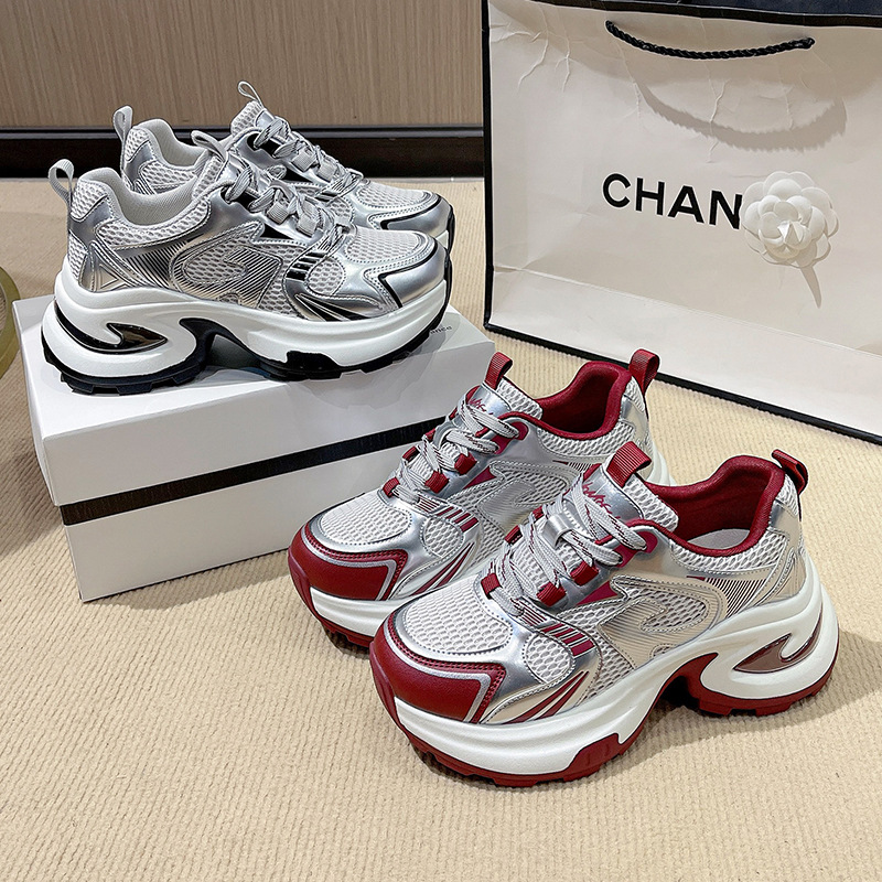 free shipping Women's 2026 Spring Breathable Mesh Platform Dad Sneakers, Silver Color Trendy Height Increase Casual Sports Shoes