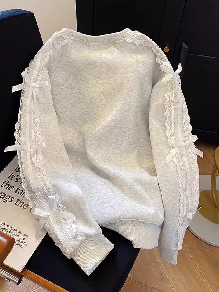 2026 Sweet Style Lace Beaded Bow - detailed Pullover Fleece - lined Sweatshirt for Women Korean - style Design Top for Autumn and Winter