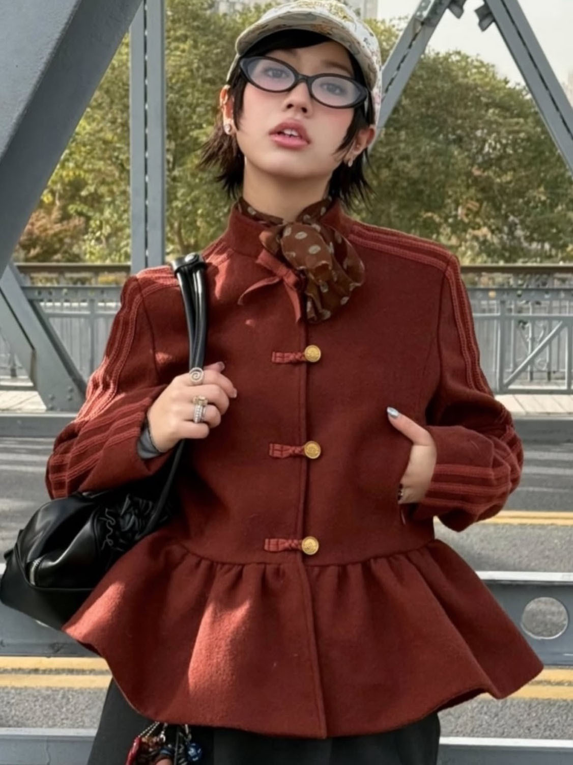 2026 new Autumn/Winter New Chinese Style Button - decorated Three - stripe Set Retro Stand - collar Waist - cinching Ruffled Jacket Top