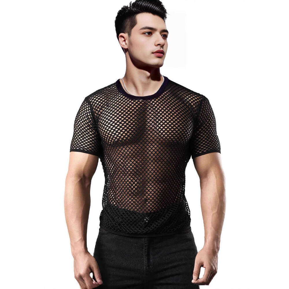 Designer 2026 Summer Luxury European And American Fashion Quick-dry Hollow Men's Round Neck Mesh Short Sleeve T-shirt Breathable Plus Size Fishne