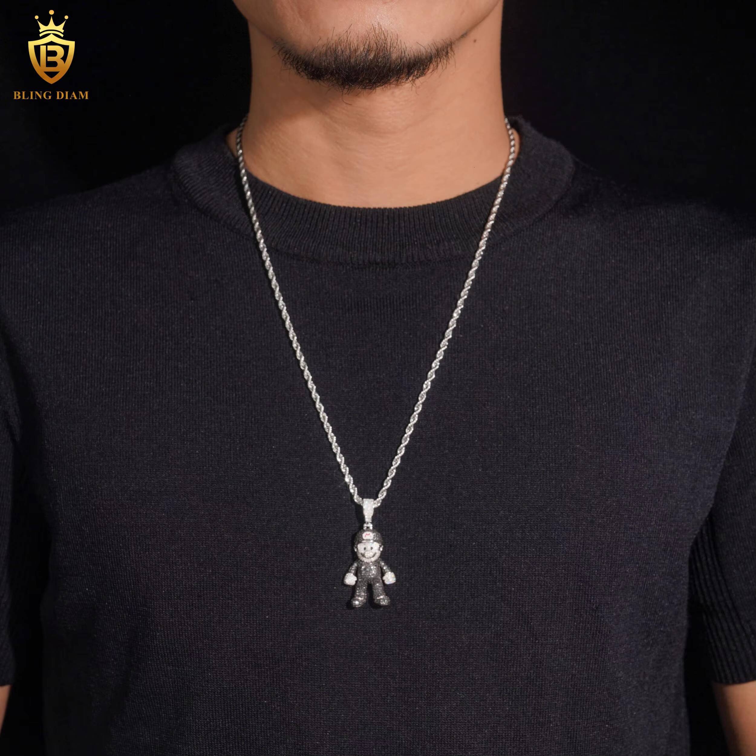 Pendant Charms Mario Cartoon 925 Sterling Silver Round Brilliant Black Moissanite Pendant Fashion Pendants Charms Necklace