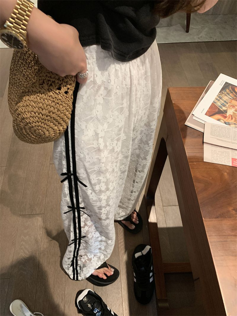 2026 Summer Design Contrast-color Lace Hollow-out Patchwork Bowknot Lightweight Elastic Waist Loose Wide-leg Trousers Casual Trousers for Women