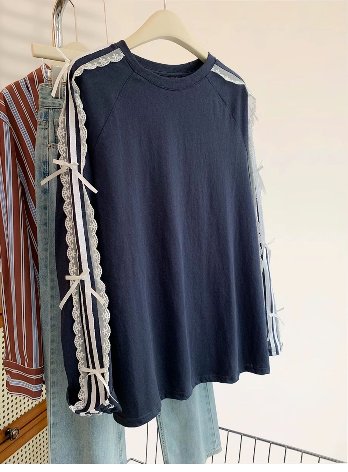 2026 new Extra-large size for spring and autumn suitable with a sense of design versatile featuring lace bows and a thin style
