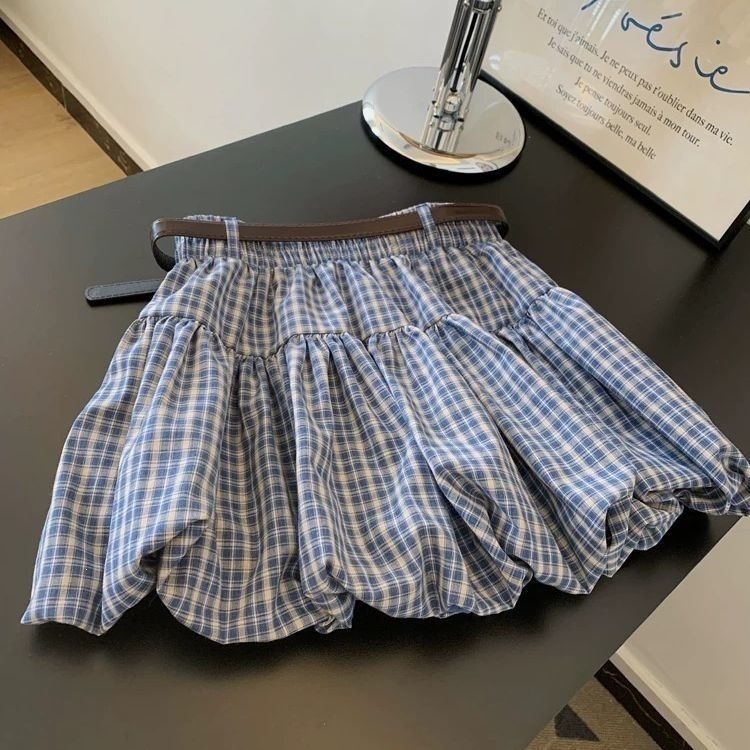 New Blue Plaid Bud Designer Skirt Petite Figure Slim Hide Meat A Line Mini Skirt Elegant Temperament High Waist Casual Daily Streetwear Trendy Versati