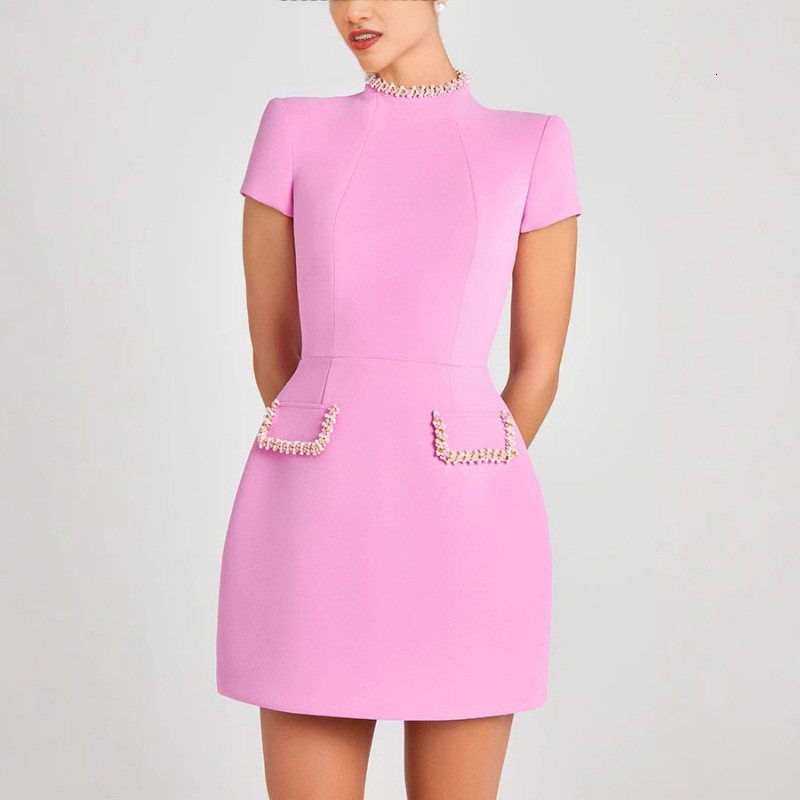 New European Summer Slim Fit Round Neck Beaded Tweed Designer Dress Elegant Temperament Luxury Style Mini Dress Casual Daily Party Streetwear Fashion 