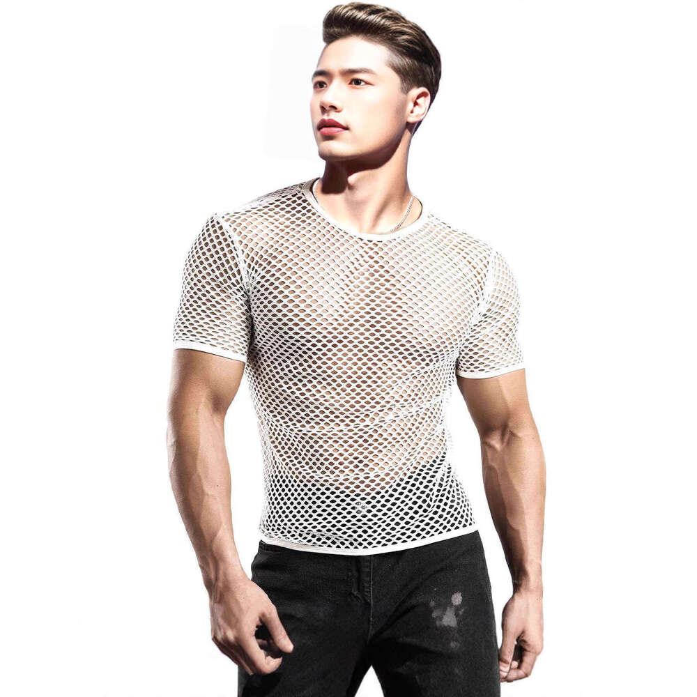 Designer 2026 Summer Luxury European And American Fashion Quick-dry Hollow Men's Round Neck Mesh Short Sleeve T-shirt Breathable Plus Size Fishne